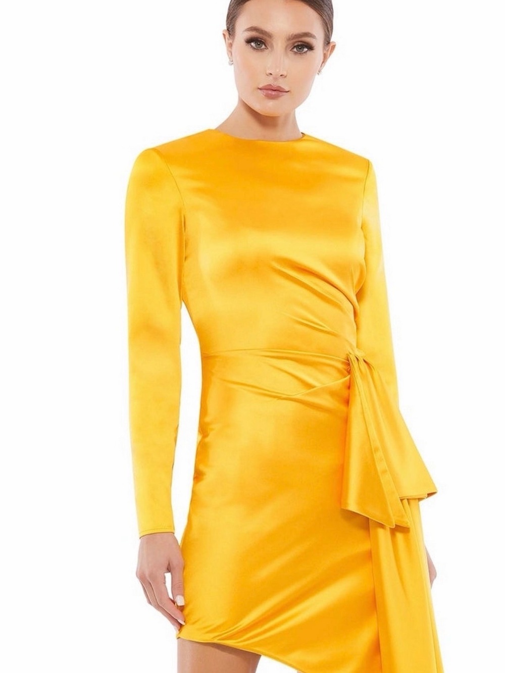 Mac Duggal Satin Asymmetrical Mini Dress – Marigold – Size 2 – NWT ✨